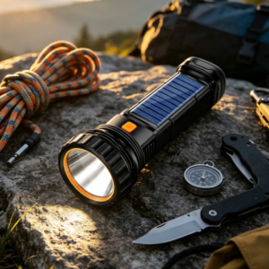 Solar Rechargeable Flashlight Portable LED Outdoor Emergency Light Multi Function Camping Lamp for Hiking Home and Power Failure