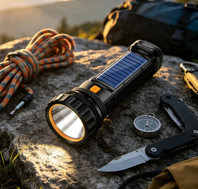 Solar Rechargeable Flashlight Portable LED Outdoor Emergency Light Multi Function Camping Lamp for Hiking Home and Power Failure